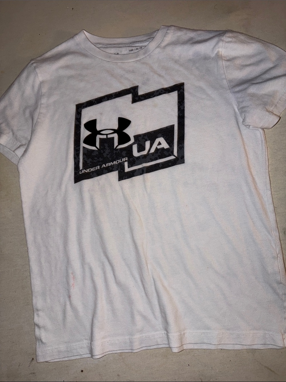 Kids Size M Under Armour White Short-Sleeve Tee with Black UA Shield Logo